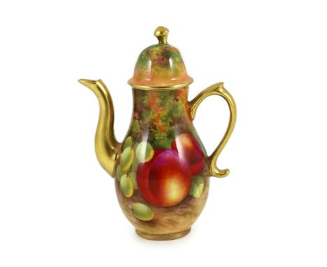A small Royal Worcester fruit painted coffee pot, by E. Townsend, date code for 1932, painted with peaches and grapes, green 