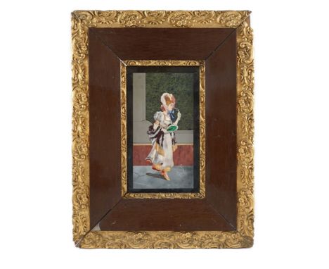 An early 20th century Italian pietra dura plaque depicting an elegant lady holding a lorgnette and fan, 26 x 15cmSome light s