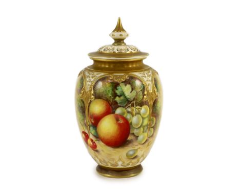 A Royal Worcester fruit painted vase and cover, by John Freeman, c.1962, gilt printed mark including ‘Shropshire Horticultura