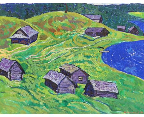 Yuri Matushevski (Russian, 1930-1999) Hillside houses in summeroil on cardsigned and dated '7054 x 69cmOil on a light card wh