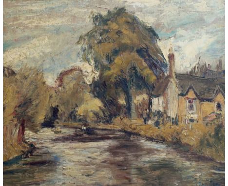 § § Ronald Ossory Dunlop (1894-1973) River landscape with house and treesoil on canvas boardsigned49 x 59cmOil on board in ho