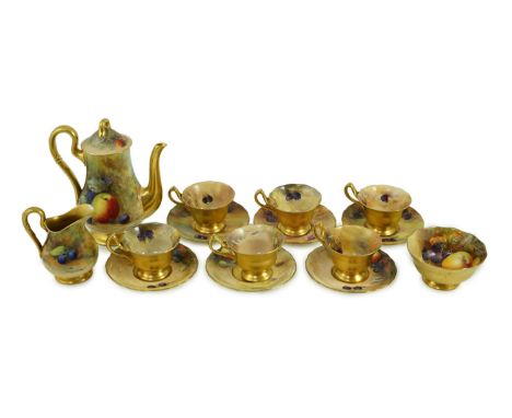 A Royal Worcester fruit painted coffee set, c.1924/25, painted by H N Price, W H and R. Austin, H. Everett and W. Hale, puce 