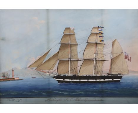 Nicola Funno (Italian, 19th C.) Portrait of the British ship, 'Moolsington R.C. Wilson Commander 1847', with Vesuvius in the 