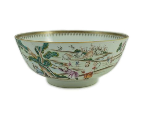 A Chinese export famille rose fencai ‘Imperial Hunt’ punch bowl, Qianlong period, finely painted with a continuous rustic lan