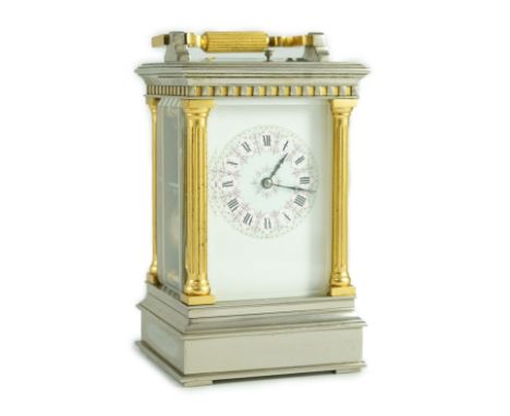 A late 19th century French hour repeating silvered and gilt brass carriage clock, in architectural fluted column case, with o
