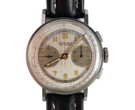 A gentleman's rare 1940's stainless steel Longines Flyback manual wind chronograph wrist watch, ref. 4994, serial number 6,41