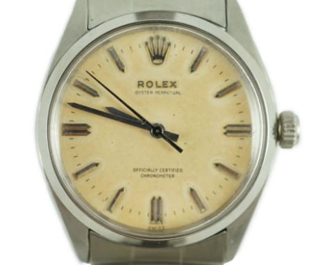 A gentleman's 1950's stainless steel Rolex Oyster Perpetual wrist watch, with baton numerals, on stainless steel Rolex bracel