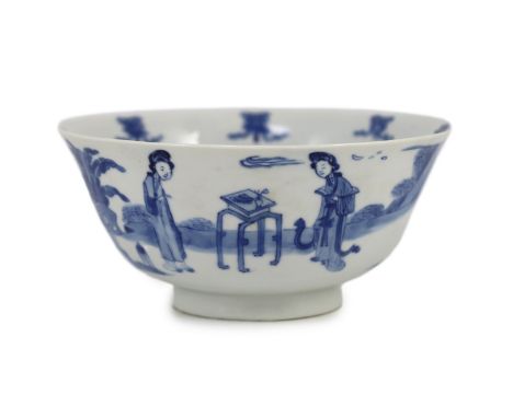 A Chinese blue and white ‘ladies’ bowl, Kangxi period, the interior painted with a lady seated on rockwork and the eight Budd