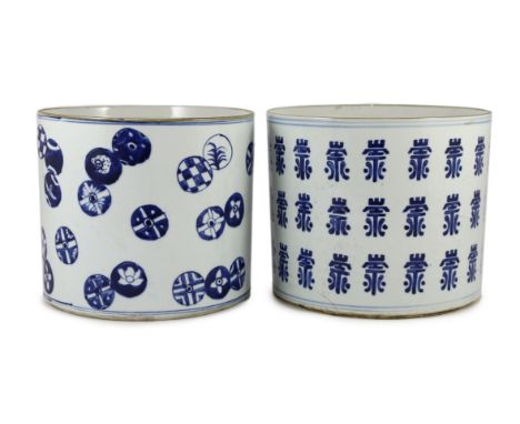 A pair of large Chinese blue and white brushpots, late 19th century one painted with rows of ‘Shou’ characters, the second wi