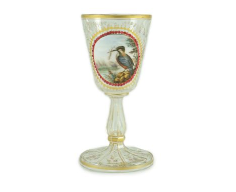 A Bohemian enamelled glass ‘Kingfisher’ goblet, late 19th century, enamelled to an oval white glass reserve with a Kingfisher