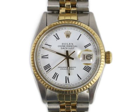 A gentleman's early 1980's steel and gold Rolex Oyster Perpetual Datejust wrist watch, on a steel and gold Rolex bracelet, wi