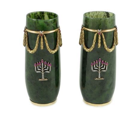 A pair of 20th century Russian style 18K gold, nephrite, diamond and ruby set vases, c.1970 applied with 18k solid gold laure