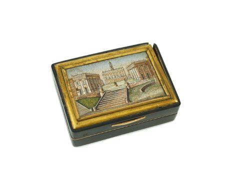 A 19th century French micro mosaic topped gold mounted tortoiseshell snuff box, of rectangular form, the lid inset with a vie