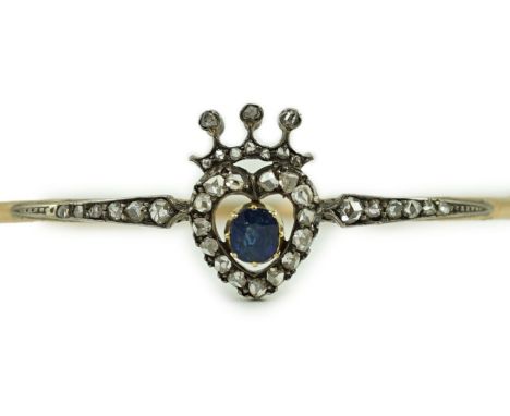 A 19th century gold, sapphire and rose cut diamond set hinged bangle, with central heart and coronet motif, interior diameter