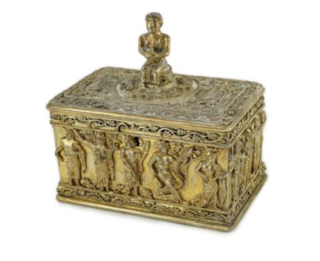 A German 800 standard parcel gilt silver Byzantine style rectangular casket, by Paul Telge, Berlin, decorated with classical 