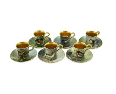 A set of six Paragon bird painted cabinet cups and saucers, 1950s, each cup and saucer finely painted with a matching bird in