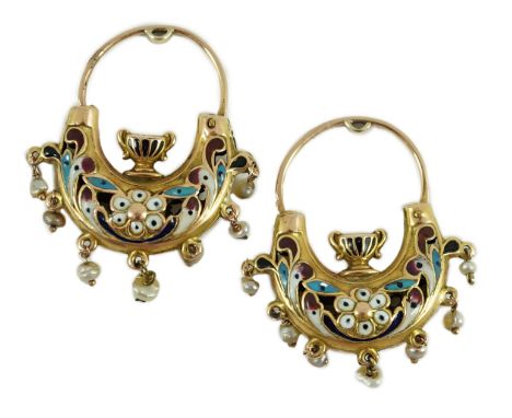 A pair of Swiss gold, polychrome enamel and seed pearl set double sided drop earrings, of demi-lune form, with urn finial, wi