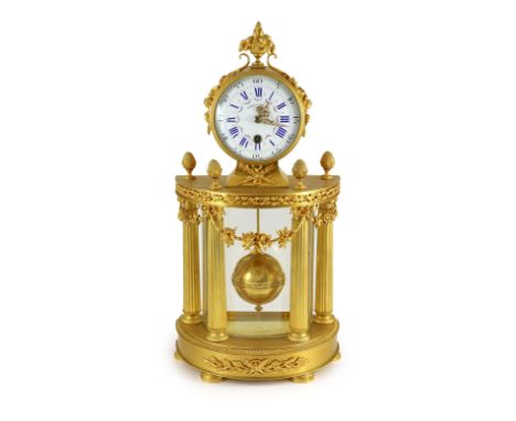 An early 20th century French ormolu 400 day mantel clock, in architectural case with floral swagged drum top, enamelled Roman