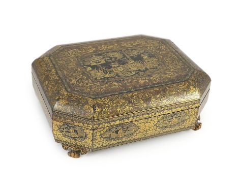 A Chinese gilt-decorated lacquer games box, mid 19th century, typically decorated with figures amid pavilions and trees, the 