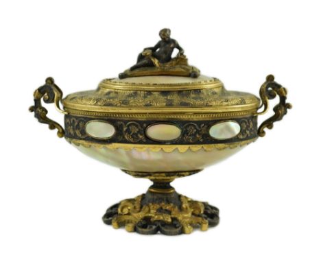 A 19th century Italian silvered and ormolu mounted mother of pearl casket, of urn form, with figural finial, width 15cm, dept