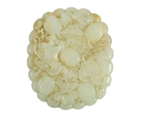 A Chinese pale celadon jade oval openwork plaque, 19th century, probably taken from a ruyi sceptre, carved and pierced with b