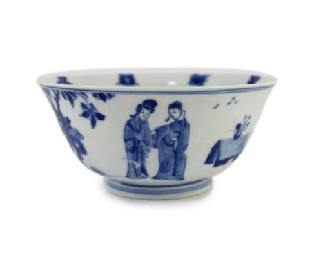 A Chinese blue and white ‘ladies’ bowl, Kangxi period, the interior painted with a seated lady and the eight Buddhist emblems