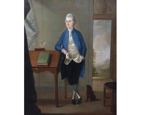 Attributed to James Millar (1735-1805) Full length portrait of a gentleman standing with his arm resting upon a bureau, holdi