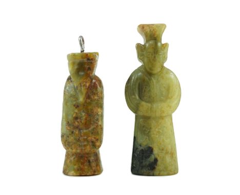 Two Chinese archaic jade figures of a man, probably Western Zhou to Han dynasty, the smaller highly stylised human figure in 