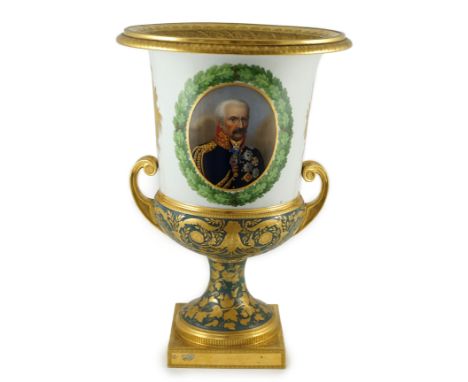 Napoleonic Wars interest: A large Berlin porcelain twin handled urn, c.1816, presented to Sir Henry Hardinge (1785-1856) by t