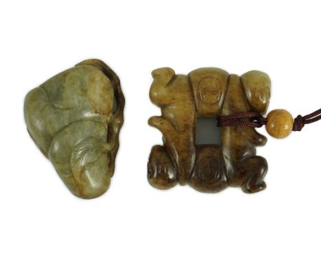 Two Chinese jade carvings, Ming dynasty or later the first a green and russet jade carving of peaches and curled leaves, 5 cm