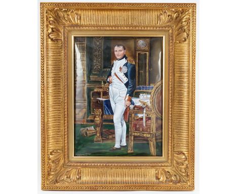 A Limoges enamel plaque of Napoleon, standing in his study, signed by M. Betowine after David, 33.5 x 25cm, with additional g