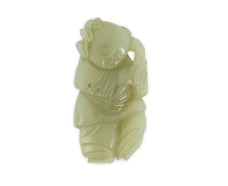 A Chinese celadon jade figure of a boy holding a lotus sprig, 19th century 5.2 cm highShallow splinter chip to a petal of the