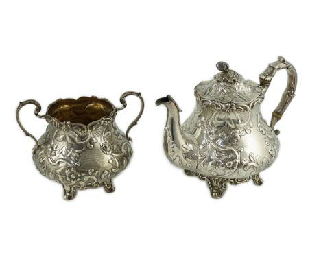 An early Victorian silver teapot and matching sugar bowl, by John Wellby, both engraved with contemporary inscription and dec