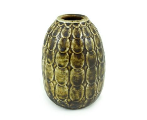 A Martin Brothers scale pattern ovoid small vase, dated 1910, covered in an olive green glaze, incised mark ‘10 1910 Martin B