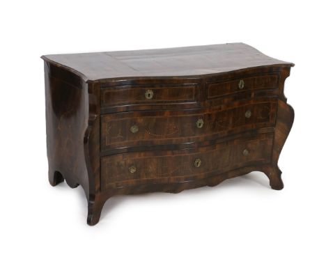 An 18th century North Italian marquetry inlaid rosewood serpentine commode, fitted two short and two graduated long drawers, 