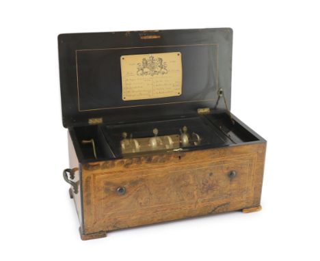 A 19th century Swiss ten air inlaid walnut musical box, in plain rectangular case, the movement with 27cm cylinder and chinoi