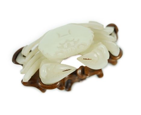 A Chinese pale celadon jade model of a crab, 20th century, Provenance- the vendor’s father acquired this lot while living in 