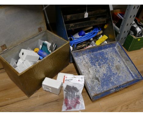 Blue metal toolbox with contents and brass log box of electrical fixtures and fittings