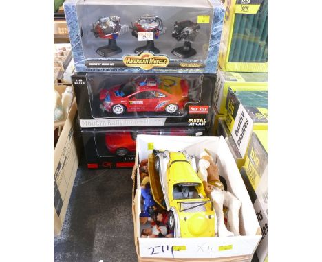 Three boxed die cast vehicles - Mustang, Modern Rally Collectibles, Corvette engine set and box of wrestling figures