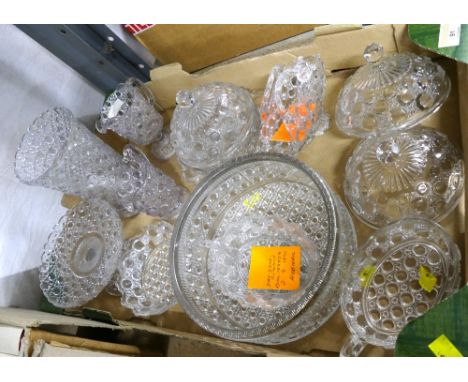 Box of Davidson of Gateshead hobnail patterned glassware - vases, jugs, fruit bowls etc