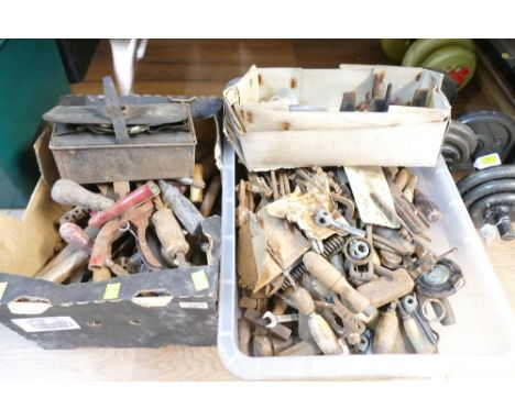 Two boxes of tools - hand drills, wooden handles, spanners, wrenches etc