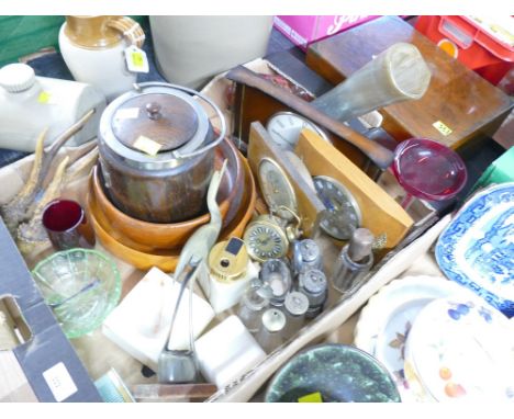 Wooden writing slops and box of oak biscuit barrel, wooden fruit bowls, horn antlers, condiment sets, table lighter clock etc