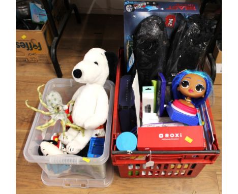 Two boxes of children's toys, soft toys, Dive Tech Explorer fins