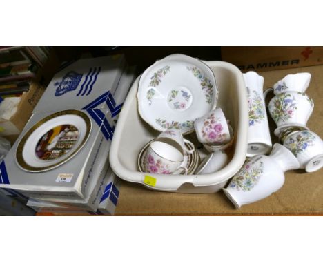 Six boxed Royal Copenhagen plates including Hans Christian Anderson and a tub of china ornaments including Aynsley Wild Tudor