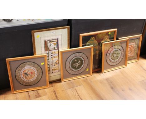 Egyptian silk screen picture, 4 matching silk embroidered pictures and a tribal style print