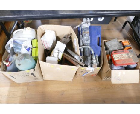 Four boxes of tools, metal parts, water containers, tent accessories etc
