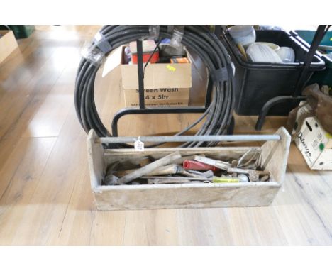 Roll of cabling, tool carrier with selection of hand tools including hammers, spanners, screwdrivers etc