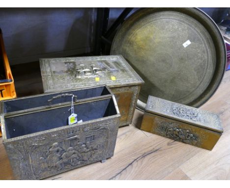 Four brass log box, magazine rack, trinket box and table top tray