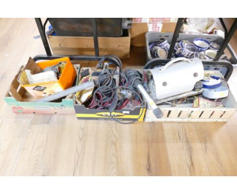 Three boxes of electric cabling, vintage tool parts