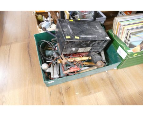 Box of vintage tool parts, electrical equipment, mallets, battery charger etc